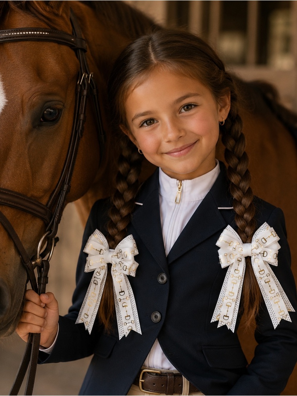 White & Gold Equestrian Hair Bow Pair | Horse Show Ribbon Bows